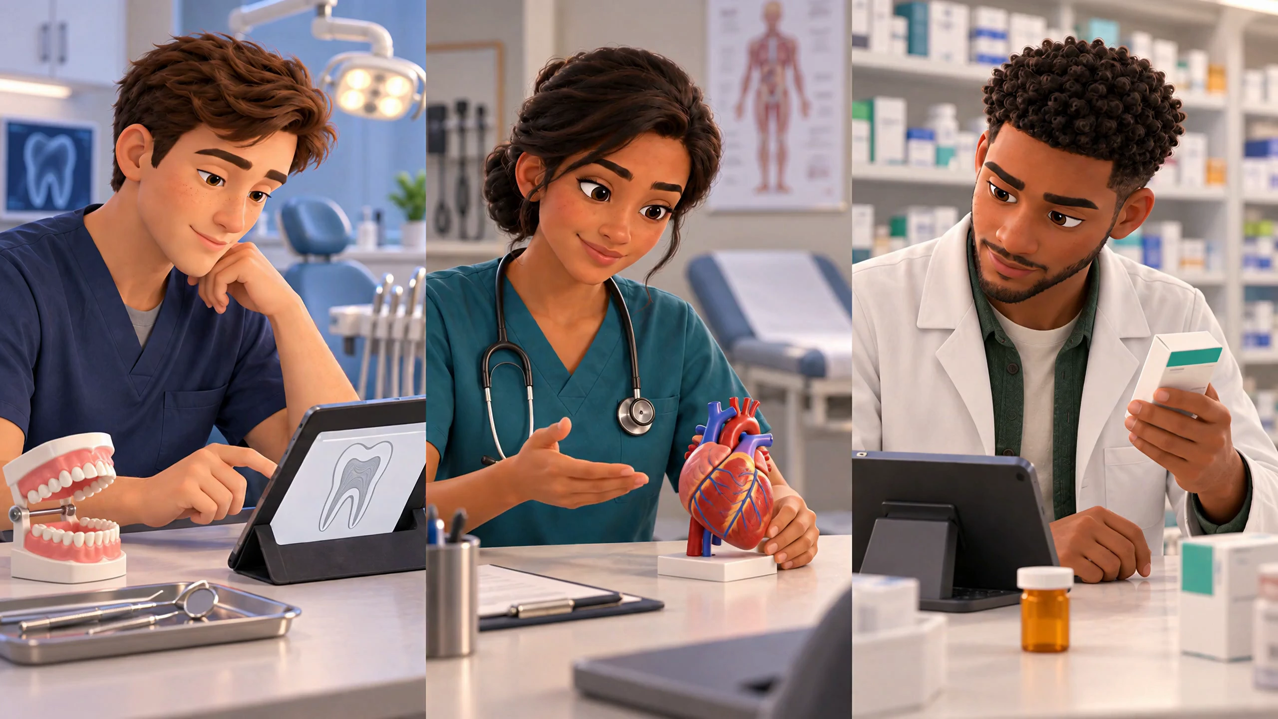 Animated dental, medical and pharmacy professionals review a tooth diagram, explain a heart model and check medication.